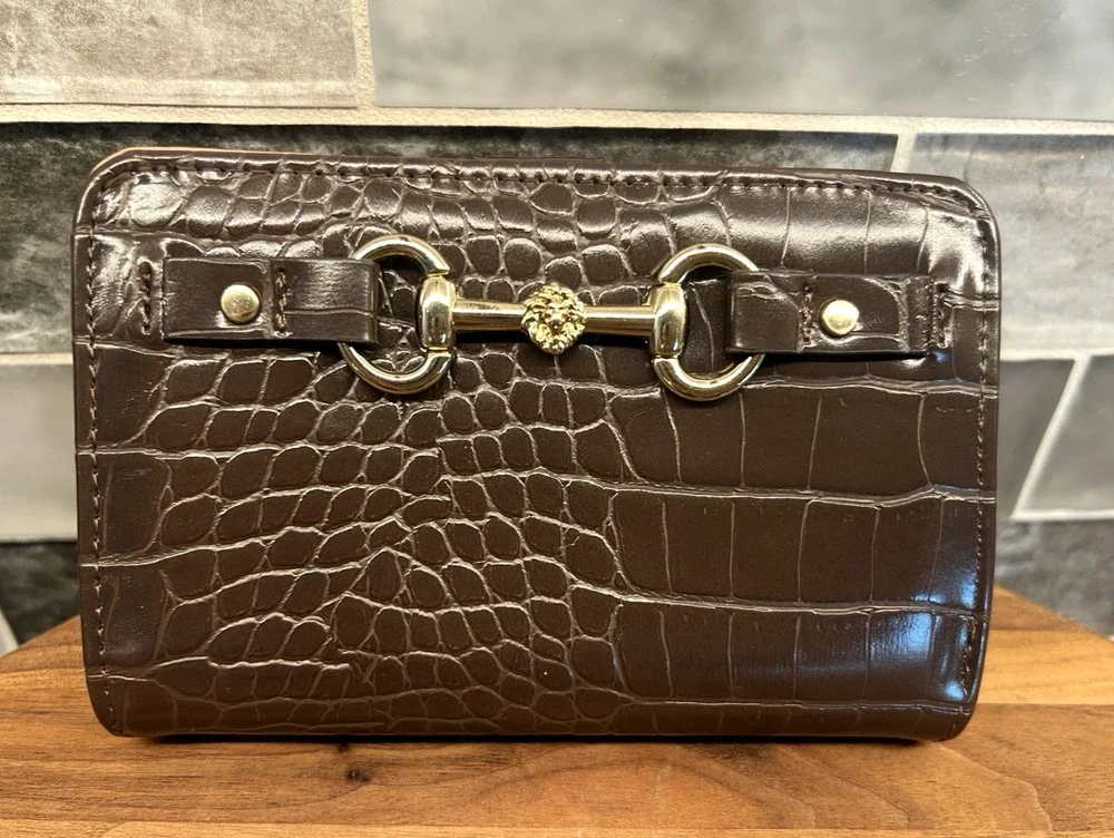 Anne Klein Bifold Brown Croc Style Wallet w/ Gold Accents NEW